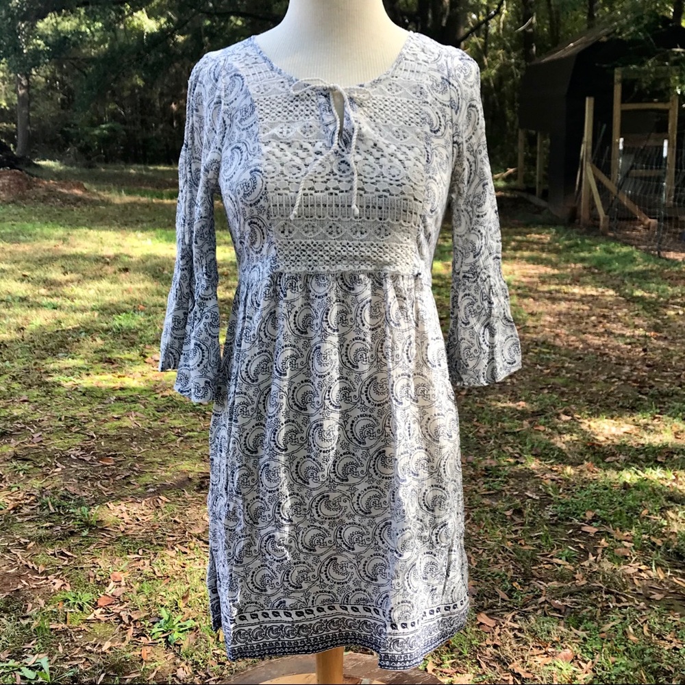 RED CAMEL SWEET BOHO DRESS BLUE & IVORY 3/4 SLEEVE